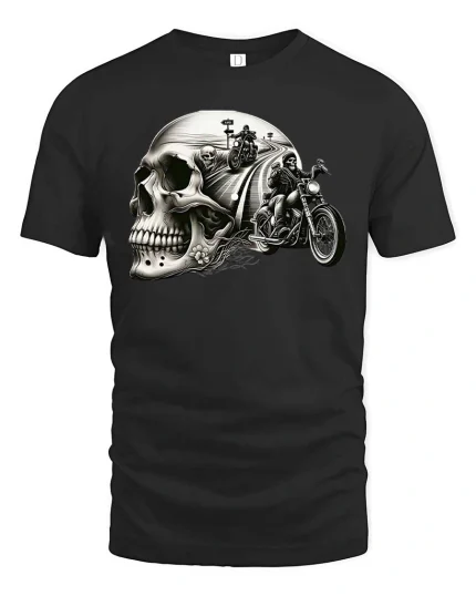 Skull Biker Highway Ride Vintage Motorcycle Graphic T Shirt - black t-shirt on white background