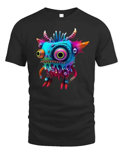 Funny Colorful Monster Cartoon Graphic T Shirt Cute Weird Creature - black t-shirt on white background