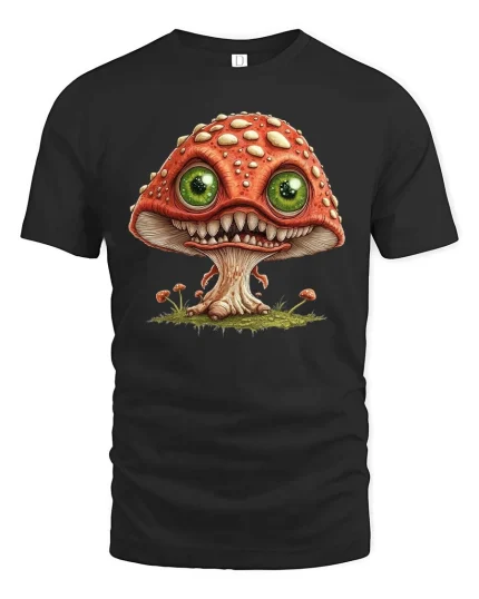 Creepy Cute Mushroom Monster Big Eyes Fantasy Graphic T Shirt - black t-shirt on white background