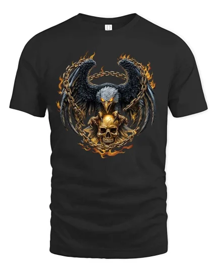 Fierce Eagle Skull Chain Flame Gothic Biker Graphic T Shirt - black t-shirt on white background