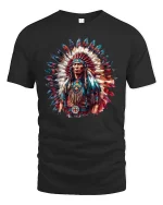 Native Chief Feather Headdress Colorful Cultural Art T Shirt - black t-shirt on white background
