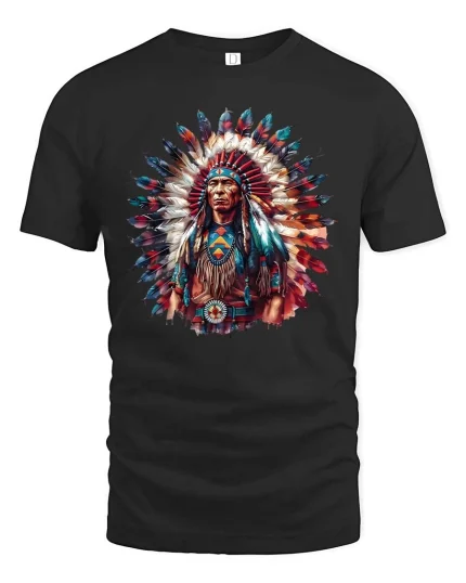 Native Chief Feather Headdress Colorful Cultural Art T Shirt - black t-shirt on white background