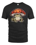 Cute Frog Under Mushroom Graphic T Shirt Whimsical Nature Art - black t-shirt on white background