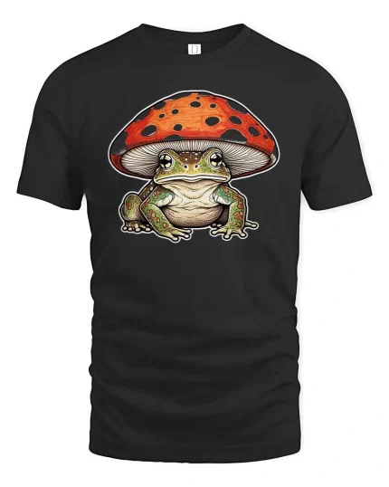 Cute Frog Under Mushroom Graphic T Shirt Whimsical Nature Art - black t-shirt on white background