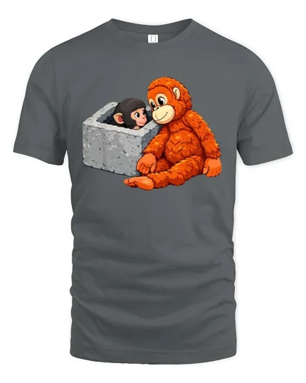 Cute Monkey Rescue Moment Cartoon Animal Love T Shirt - gray t-shirt on white background