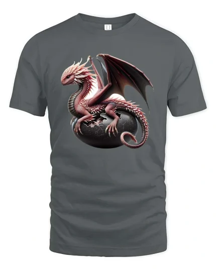 Fantasy Dragon Hatching Egg Graphic T Shirt Mythical Creature Art - gray t-shirt on white background