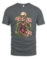 Skeleton Holding Heart With Flowers Graphic T Shirt Gothic Art - gray t-shirt on white background