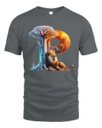 Letter P Lion Tree Nature Scene Graphic T Shirt Artistic Style - gray t-shirt on white background