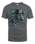 Aztec Warrior Jaguar Headdress Graphic T Shirt Tribal Art Style - gray t-shirt on white background