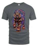 Fiery Tiger Neon Flame Graphic T Shirt Powerful Wild Energy Art - gray t-shirt on white background