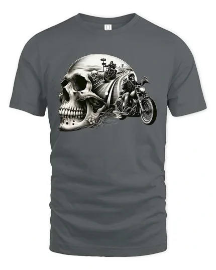 Skull Biker Highway Ride Vintage Motorcycle Graphic T Shirt - gray t-shirt on white background