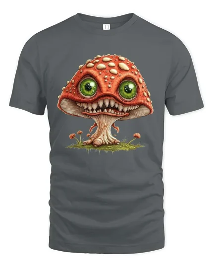 Creepy Cute Mushroom Monster Big Eyes Fantasy Graphic T Shirt - gray t-shirt on white background