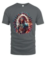 Native Chief Feather Headdress Colorful Cultural Art T Shirt - gray t-shirt on white background