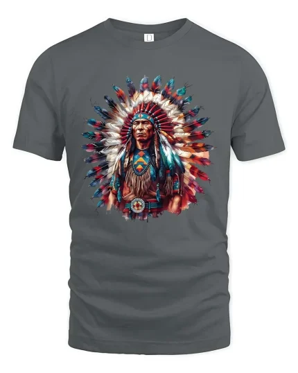 Native Chief Feather Headdress Colorful Cultural Art T Shirt - gray t-shirt on white background