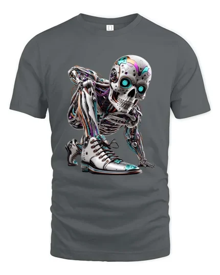 Cyberpunk Robot Skull Sneaker Graphic T Shirt Futuristic Style - gray t-shirt on white background