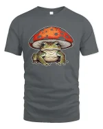 Cute Frog Under Mushroom Graphic T Shirt Whimsical Nature Art - gray t-shirt on white background