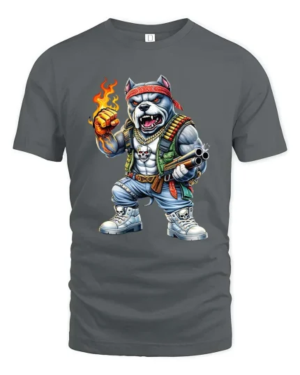 Angry Bulldog Gangster Fire Fist Graphic T Shirt Street Style - gray t-shirt on white background