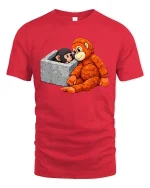 Cute Monkey Rescue Moment Cartoon Animal Love T Shirt - red t-shirt on white background