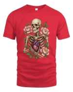 Skeleton Holding Heart With Flowers Graphic T Shirt Gothic Art - red t-shirt on white background