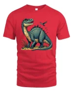 Cute Dinosaur Cartoon Graphic T Shirt Retro Prehistoric Style - red t-shirt on white background
