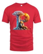 Letter P Lion Tree Nature Scene Graphic T Shirt Artistic Style - red t-shirt on white background