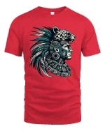 Aztec Warrior Jaguar Headdress Graphic T Shirt Tribal Art Style - red t-shirt on white background