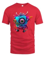 Funny Colorful Monster Cartoon Graphic T Shirt Cute Weird Creature - red t-shirt on white background