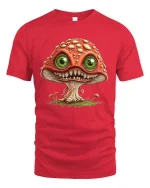 Creepy Cute Mushroom Monster Big Eyes Fantasy Graphic T Shirt - red t-shirt on white background
