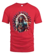 Native Chief Feather Headdress Colorful Cultural Art T Shirt - red t-shirt on white background