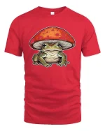 Cute Frog Under Mushroom Graphic T Shirt Whimsical Nature Art - red t-shirt on white background