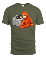 Cute Monkey Rescue Moment Cartoon Animal Love T Shirt - military green t-shirt on white background