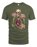 Skeleton Holding Heart With Flowers Graphic T Shirt Gothic Art - military green t-shirt on white background