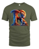 Alphabet R Lion And Cub Nature Graphic T Shirt Artistic Design - military green t-shirt on white background