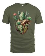 Cactus Heart Anatomy Graphic T Shirt Desert Nature Artistic Style - military green t-shirt on white background