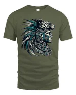 Aztec Warrior Jaguar Headdress Graphic T Shirt Tribal Art Style - military green t-shirt on white background