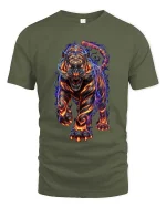 Fiery Tiger Neon Flame Graphic T Shirt Powerful Wild Energy Art - military green t-shirt on white background