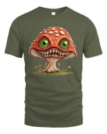 Creepy Cute Mushroom Monster Big Eyes Fantasy Graphic T Shirt - military green t-shirt on white background