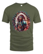 Native Chief Feather Headdress Colorful Cultural Art T Shirt - military green t-shirt on white background