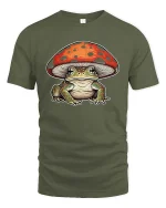 Cute Frog Under Mushroom Graphic T Shirt Whimsical Nature Art - military green t-shirt on white background