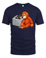 Cute Monkey Rescue Moment Cartoon Animal Love T Shirt - navy t-shirt on white background