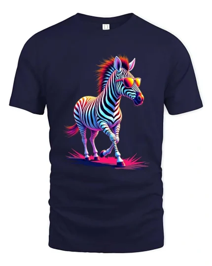 Cool Neon Zebra With Sunglasses Graphic T Shirt Retro Style - navy t-shirt on white background