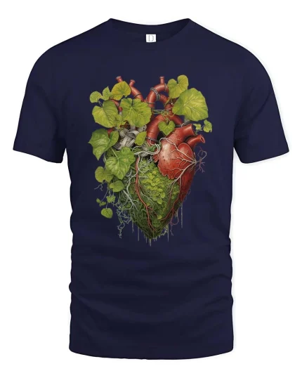 Human Heart With Nature Roots Leaves Graphic T Shirt Artistic Style - navy t-shirt on white background