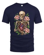 Skeleton Holding Heart With Flowers Graphic T Shirt Gothic Art - navy t-shirt on white background