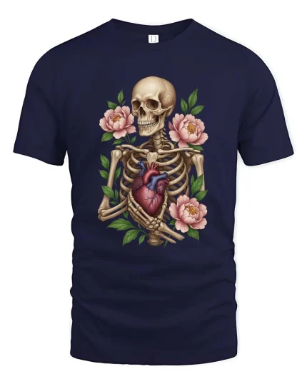 Skeleton Holding Heart With Flowers Graphic T Shirt Gothic Art - navy t-shirt on white background