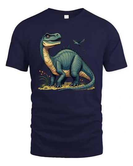 Cute Dinosaur Cartoon Graphic T Shirt Retro Prehistoric Style - navy t-shirt on white background