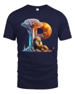 Letter P Lion Tree Nature Scene Graphic T Shirt Artistic Style - navy t-shirt on white background