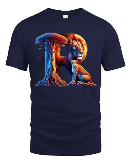 Alphabet R Lion And Cub Nature Graphic T Shirt Artistic Design - navy t-shirt on white background