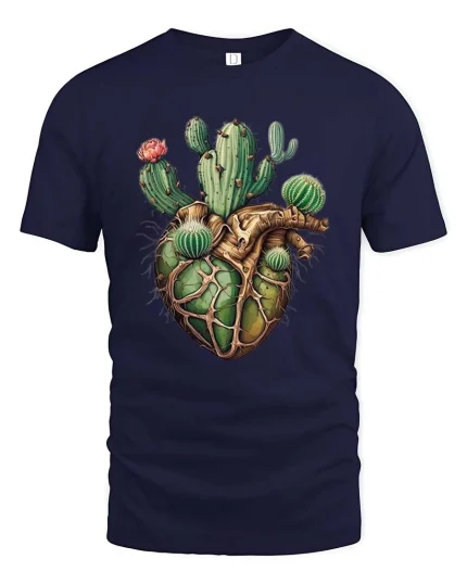 Cactus Heart Anatomy Graphic T Shirt Desert Nature Artistic Style - navy t-shirt on white background