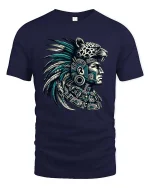 Aztec Warrior Jaguar Headdress Graphic T Shirt Tribal Art Style - navy t-shirt on white background