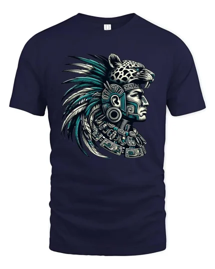 Aztec Warrior Jaguar Headdress Graphic T Shirt Tribal Art Style - navy t-shirt on white background